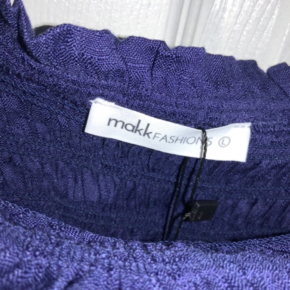 Makk blue smocked tiered sundress Sz L tie shoulder straps lace trim New - Picture 3 of 5